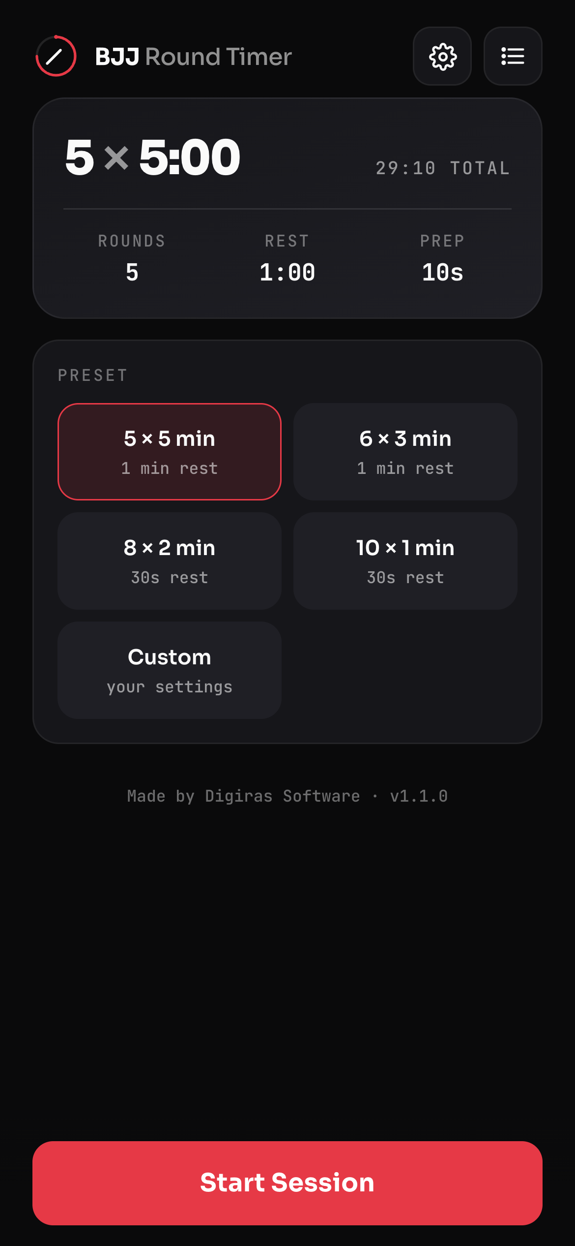 Setup screen with presets and custom controls