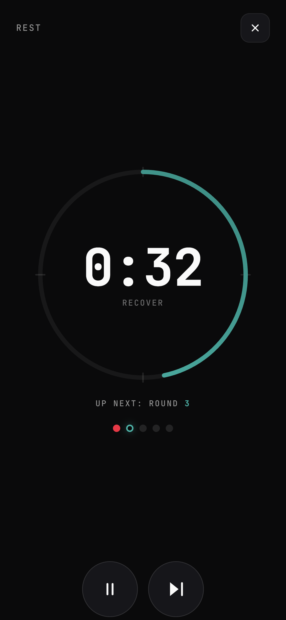 Rest screen showing recovery countdown and next round