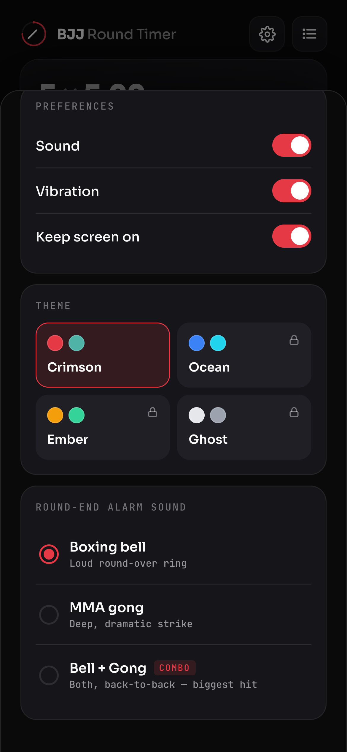 Settings sheet with color theme picker
